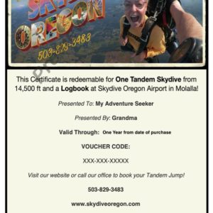 Sample Skydive Oregon Gift Certificate
